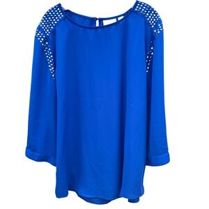 CHICO'S Size 3 Cobalt Blue Metallic Detailing Blouse XL 16-18 3/4 Sleeves